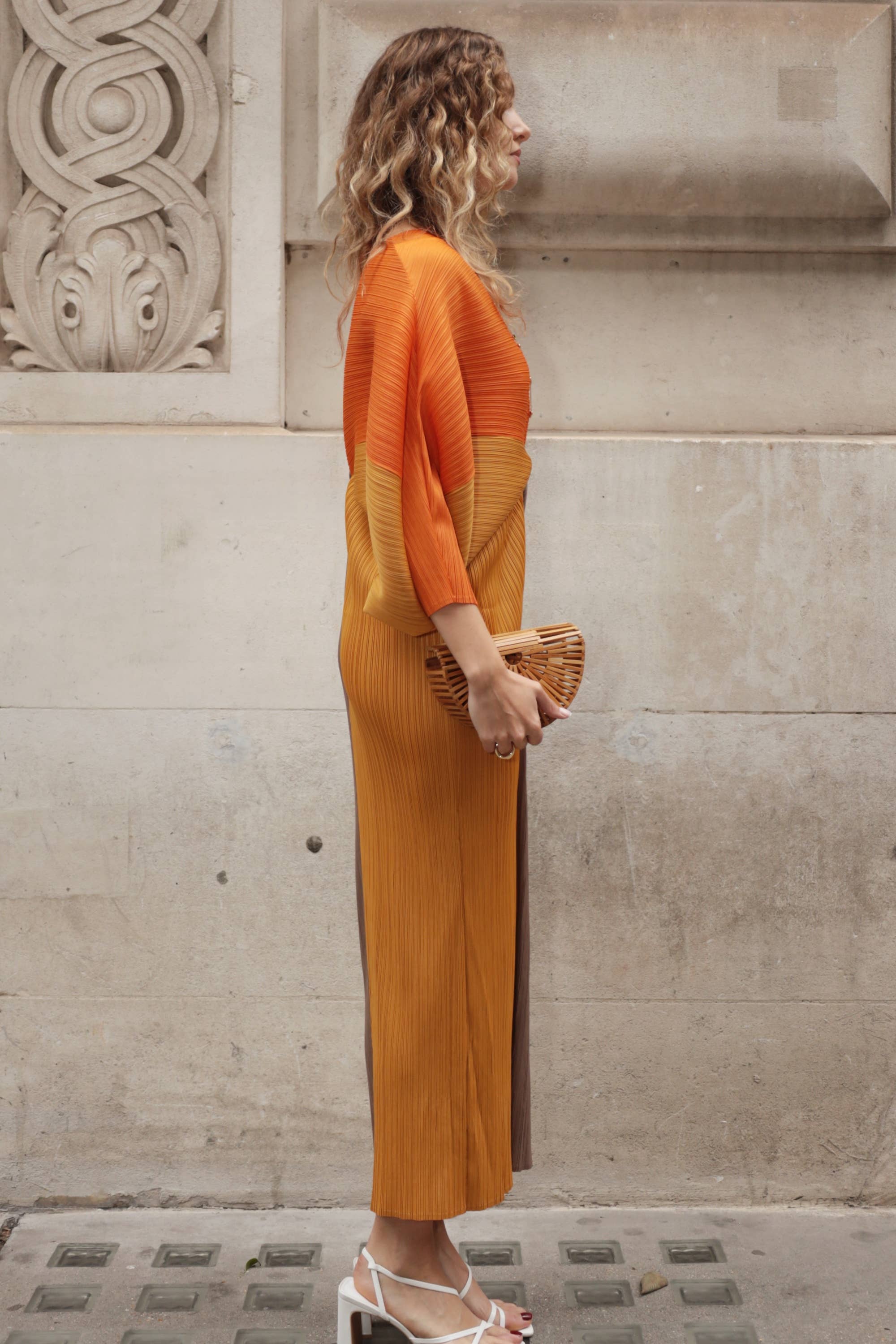 Orange Colour Block Pleated Dress