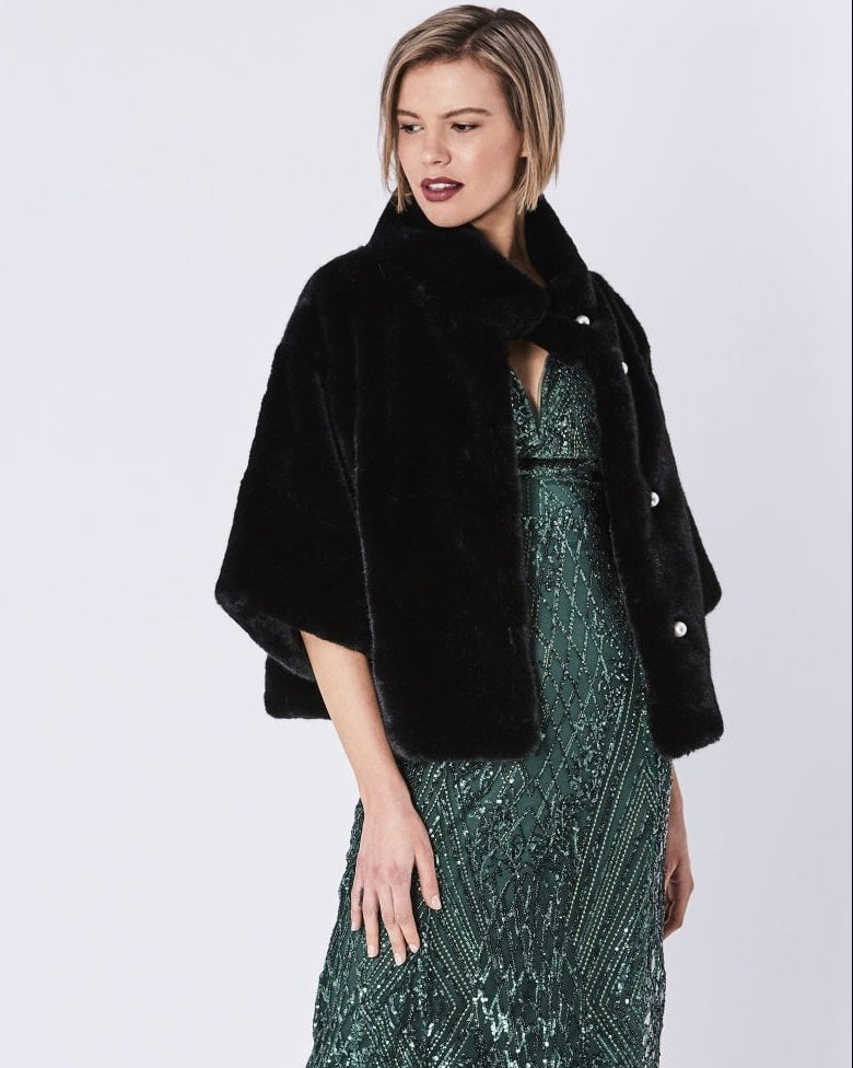 Emma Black Faux Fur Jacket With Pearls - by Jayley