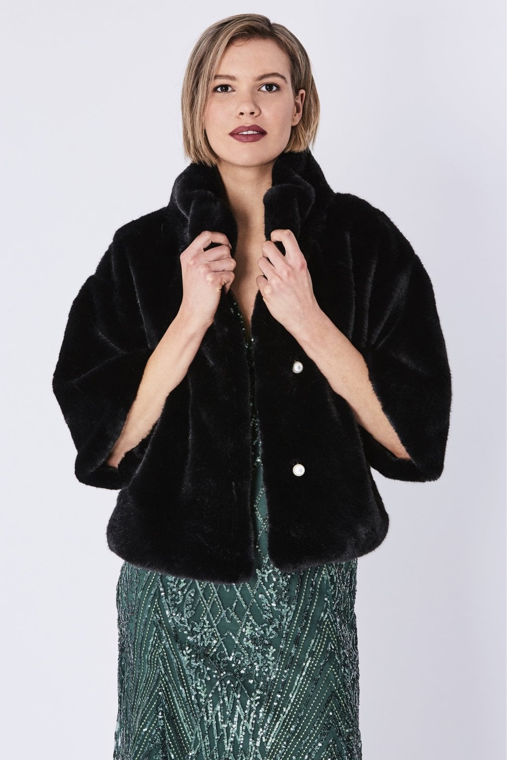 Emma Black Faux Fur Jacket With Pearls - by Jayley