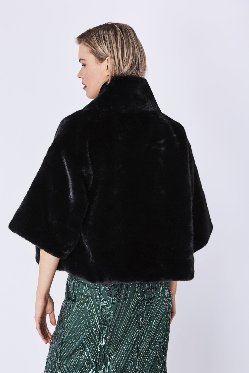 Emma Black Faux Fur Jacket With Pearls - by Jayley