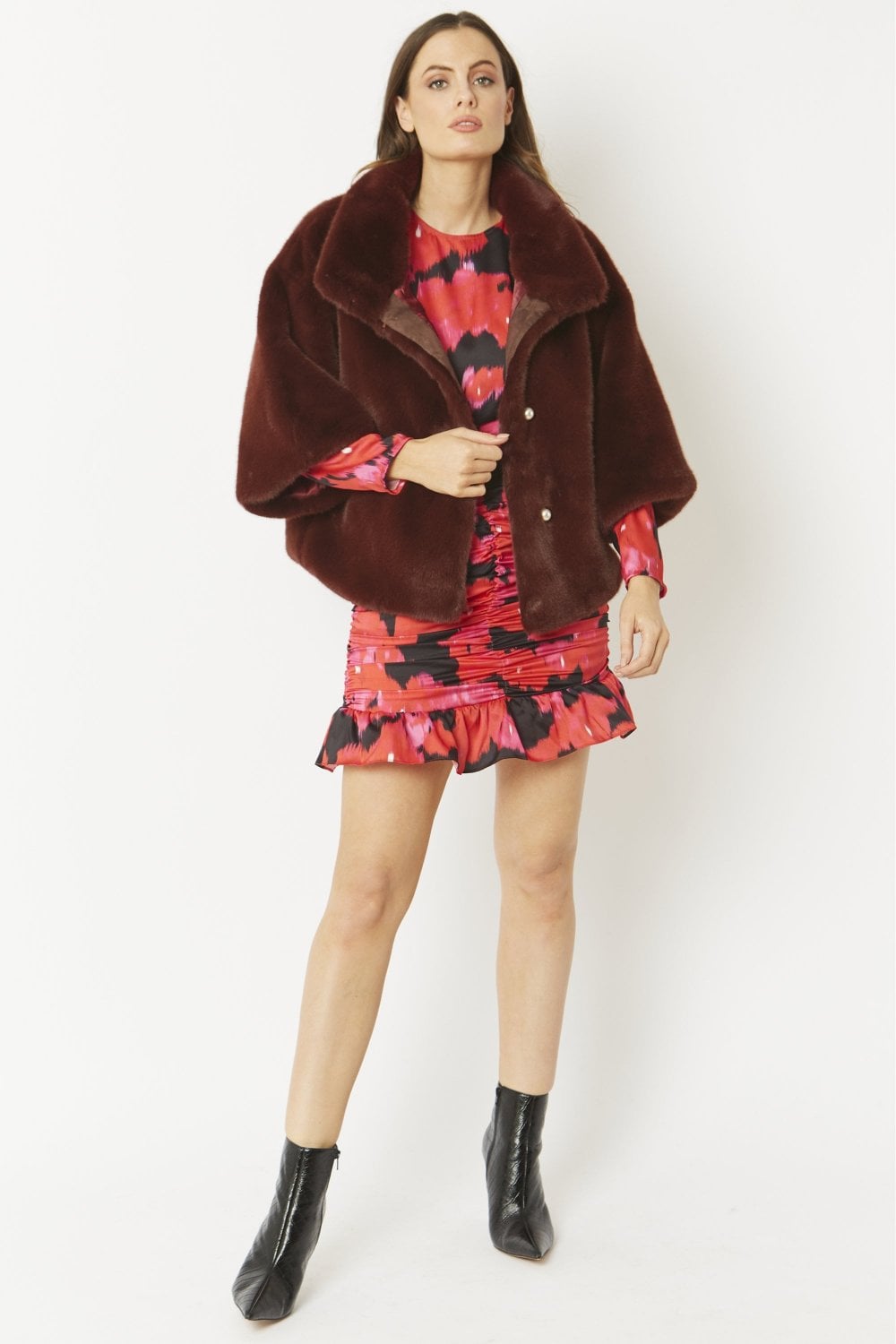 Leva Chestnut Faux Fur Jacket With Pearls - by Jayley