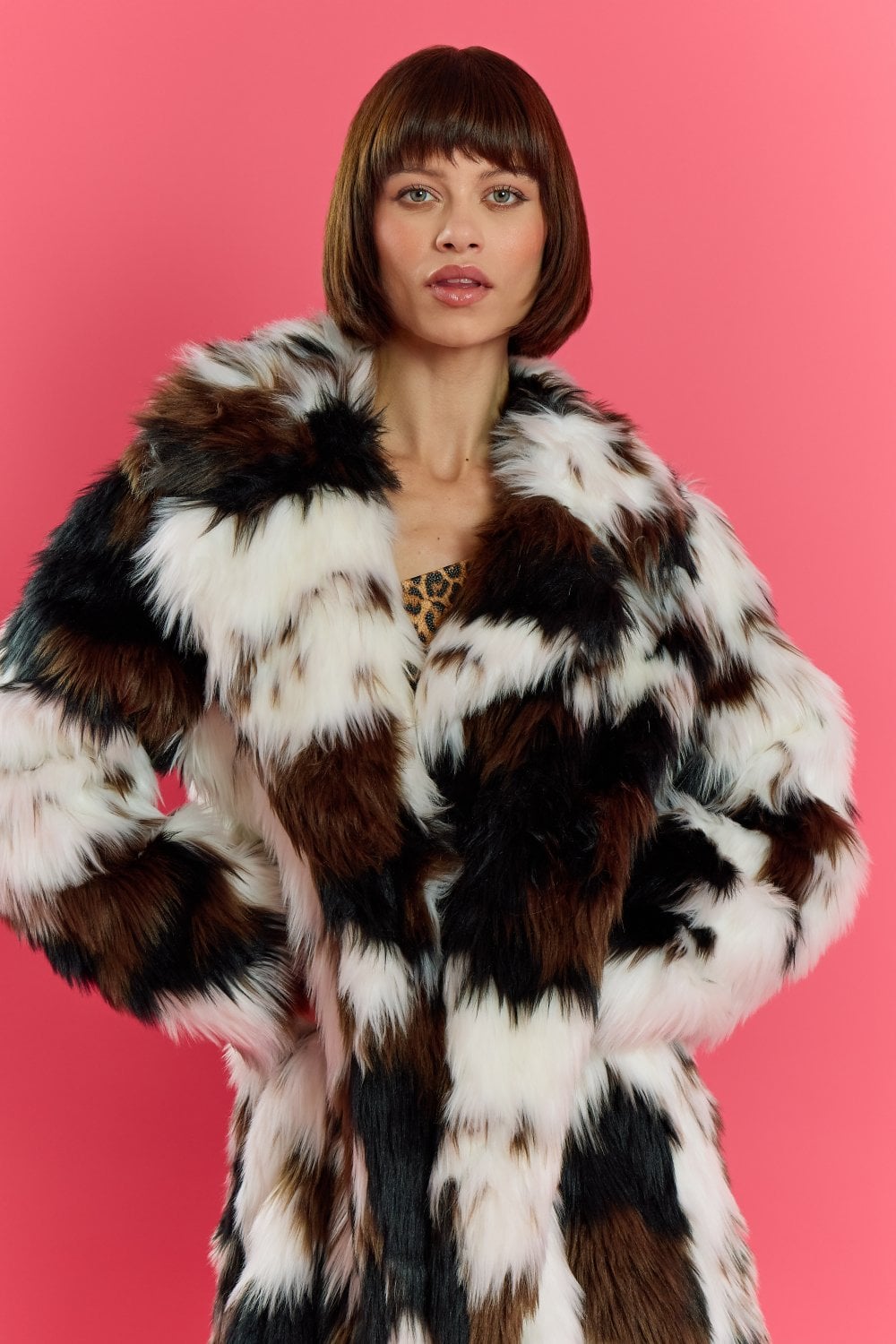 Cream and Brown Bamboo Lyocell Blend Hand Painted Faux Fur Coat - by Jayley