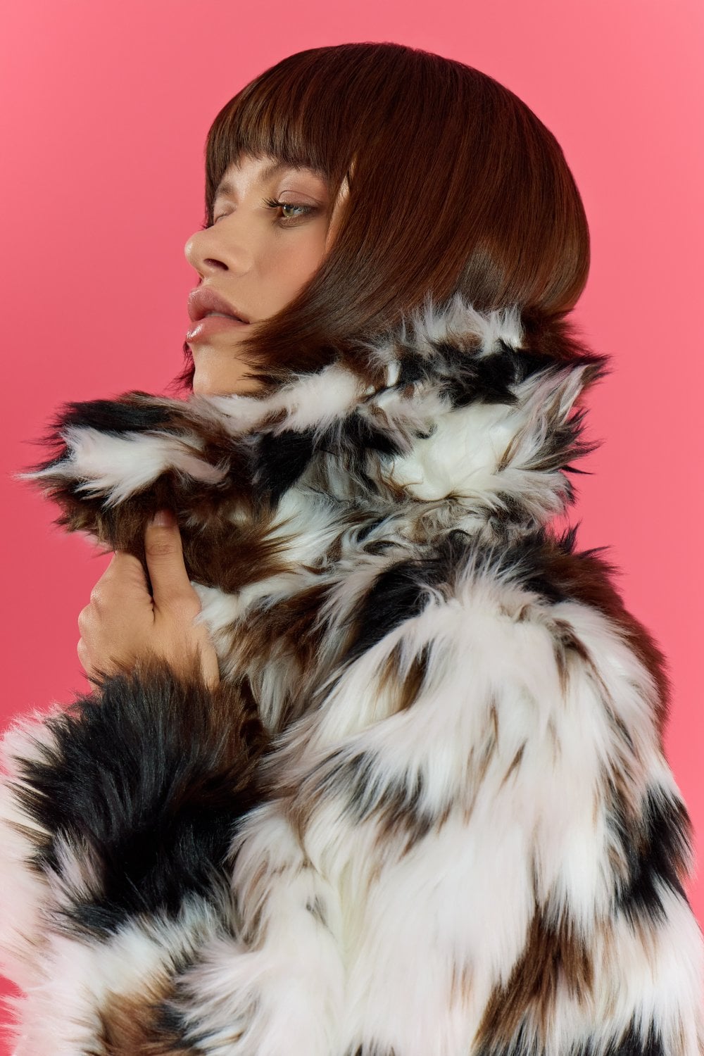 Cream and Brown Bamboo Lyocell Blend Hand Painted Faux Fur Coat - by Jayley