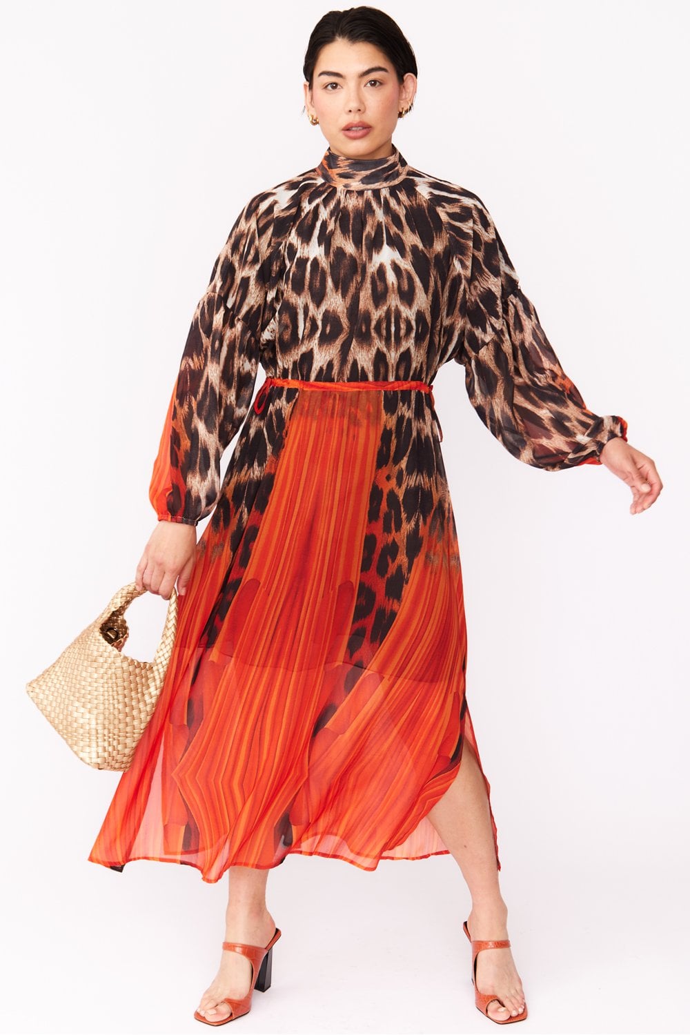 Silk Blend Leopard Maxi Dress in Orange