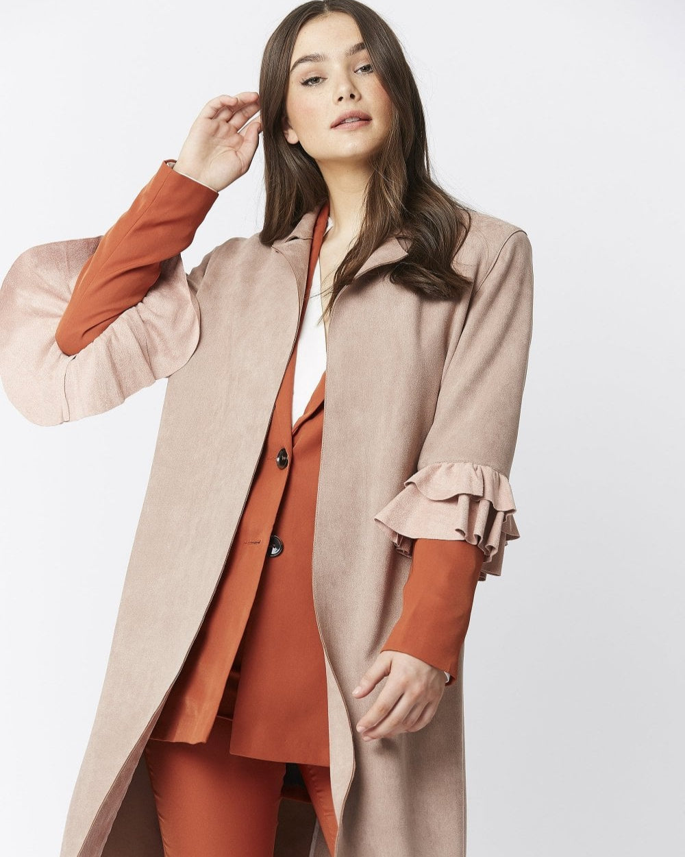 Frilled Sleeve Faux Suede Jacket - Mocha
