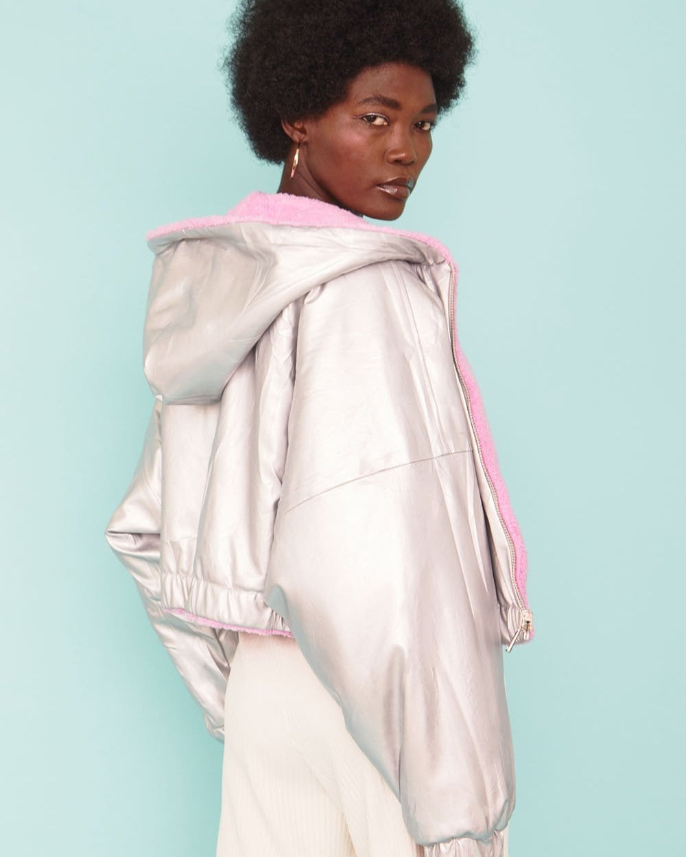 Metallic Faux Shearling Reversible Hooded Jacket - by Jayley