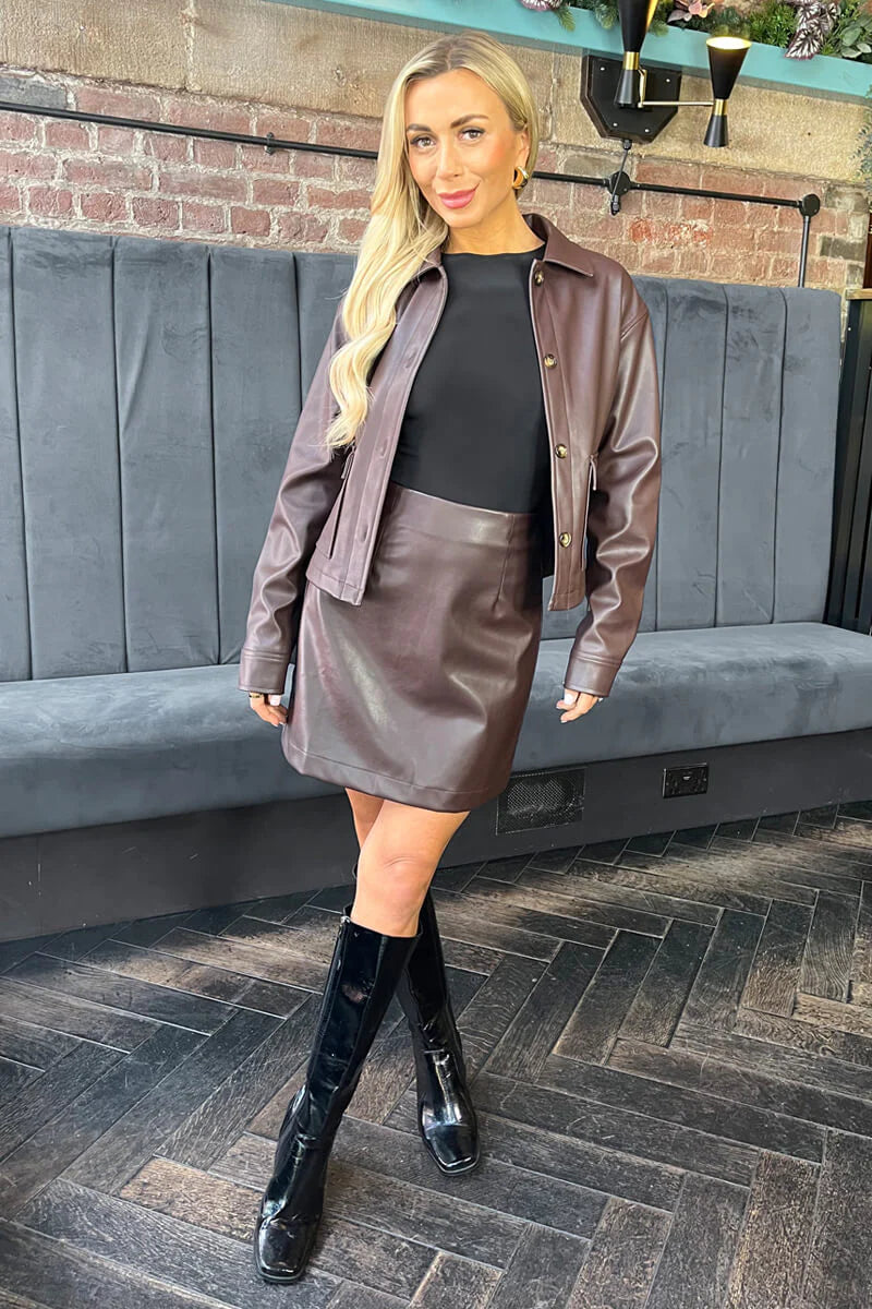 Chocolate Faux Leather Mini Skirt - by AX Paris