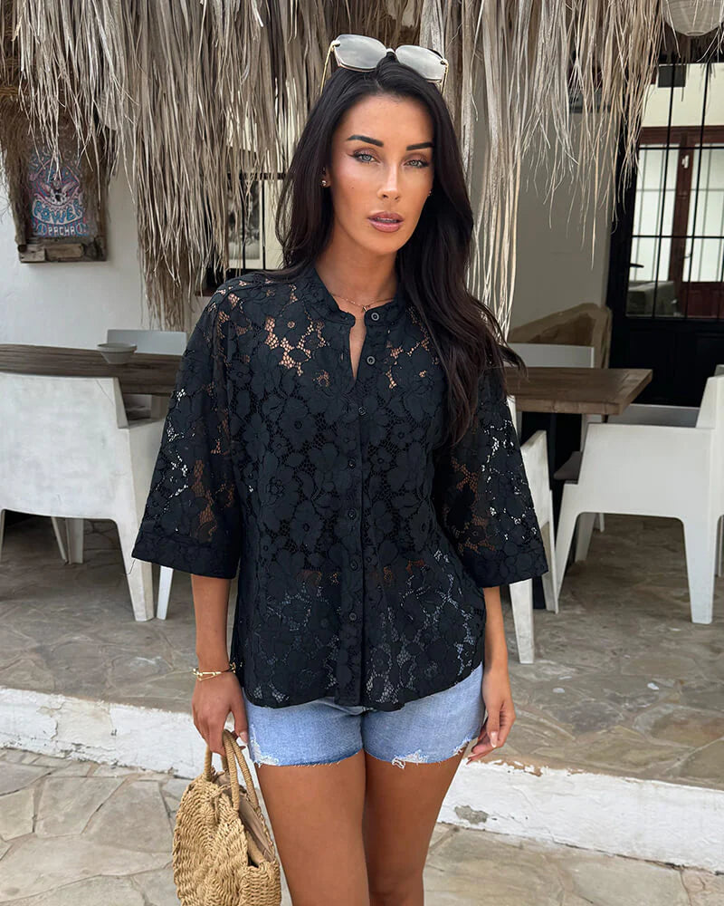 Black Floral Lace Short Sleeve Shirt - by AX Paris