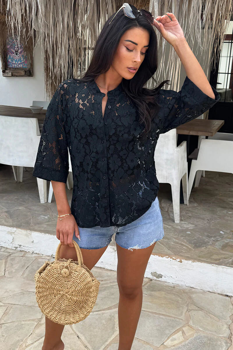 Black Floral Lace Short Sleeve Shirt - by AX Paris