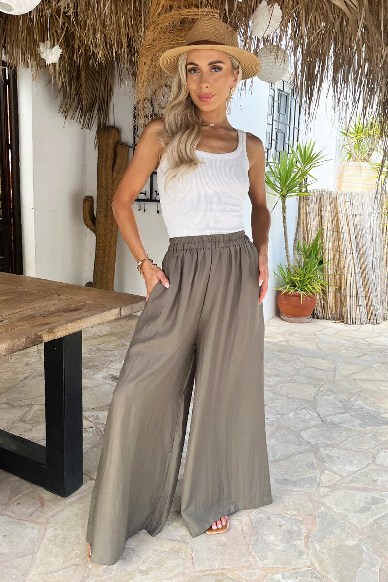 Khaki High Waist Palazzo Trousers - by AX Paris