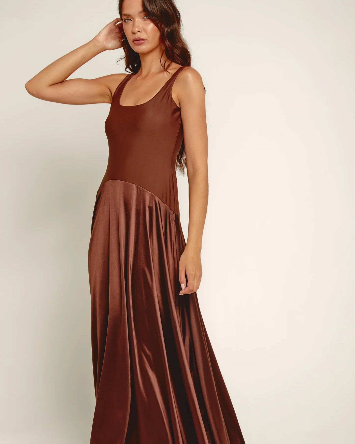 Chocolate Curved Drop Waist Maxi Dress  - by Rare London