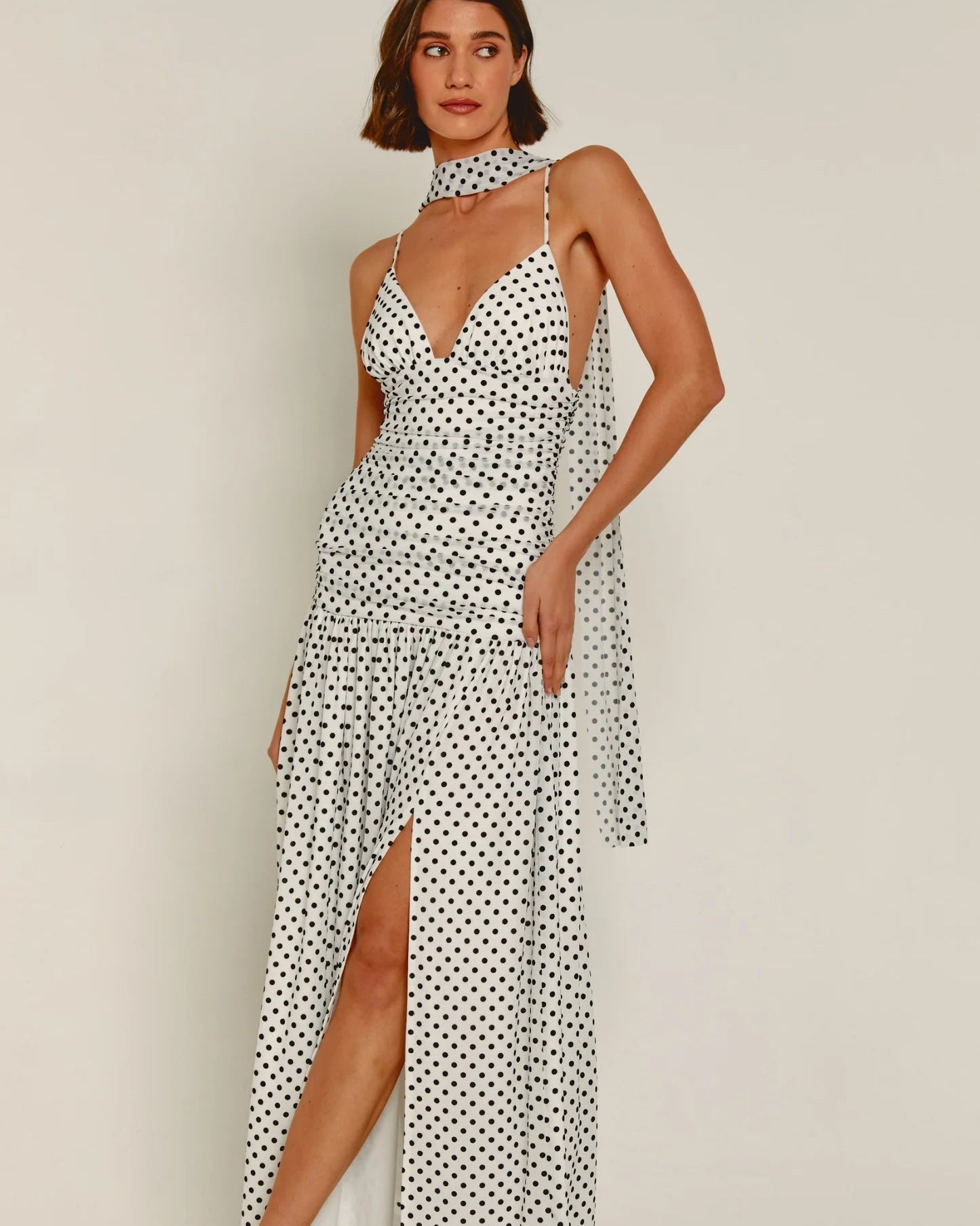White Mesh Drop Waist Polka Dot Maxi Dress