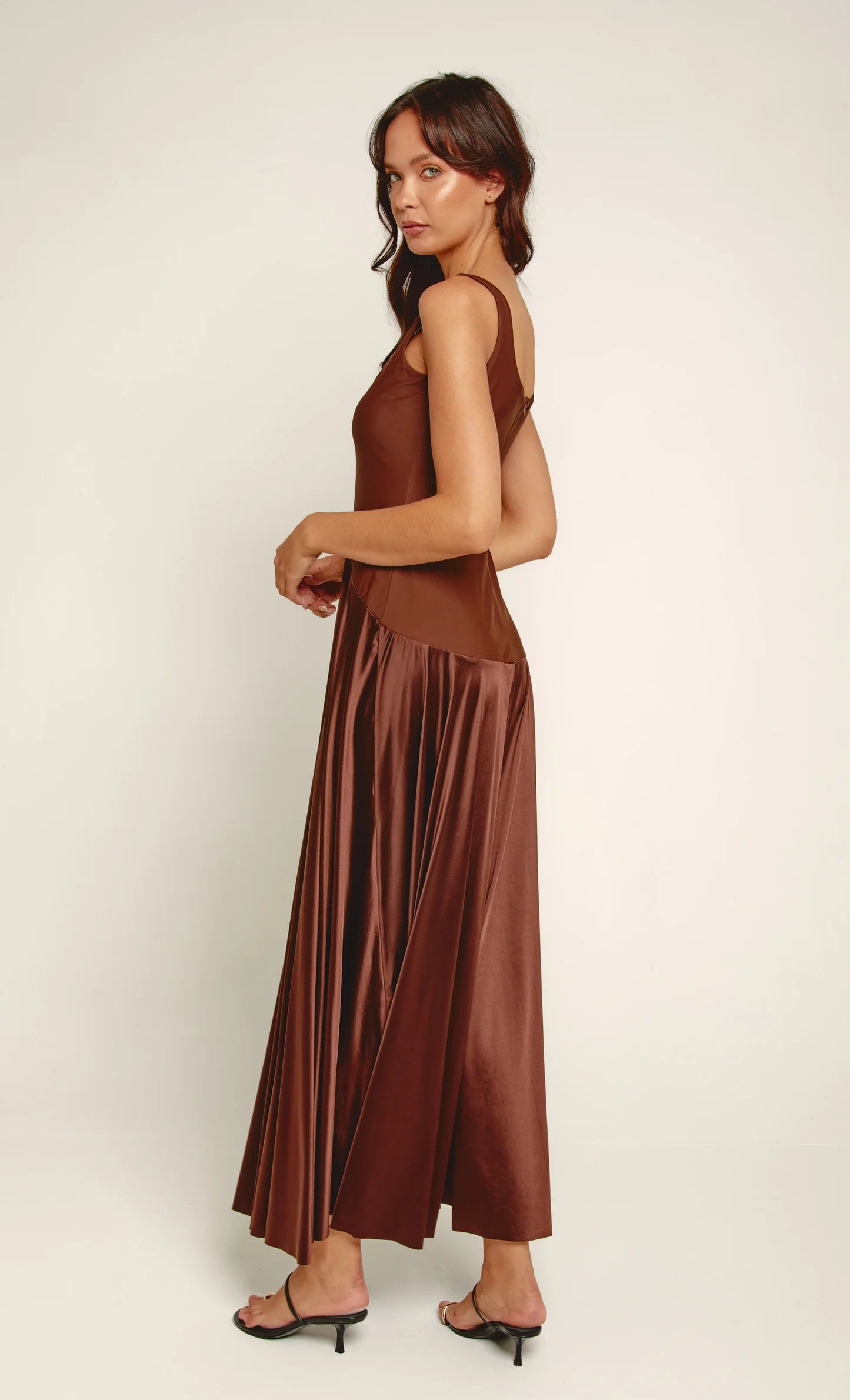 Chocolate Curved Drop Waist Maxi Dress  - by Rare London
