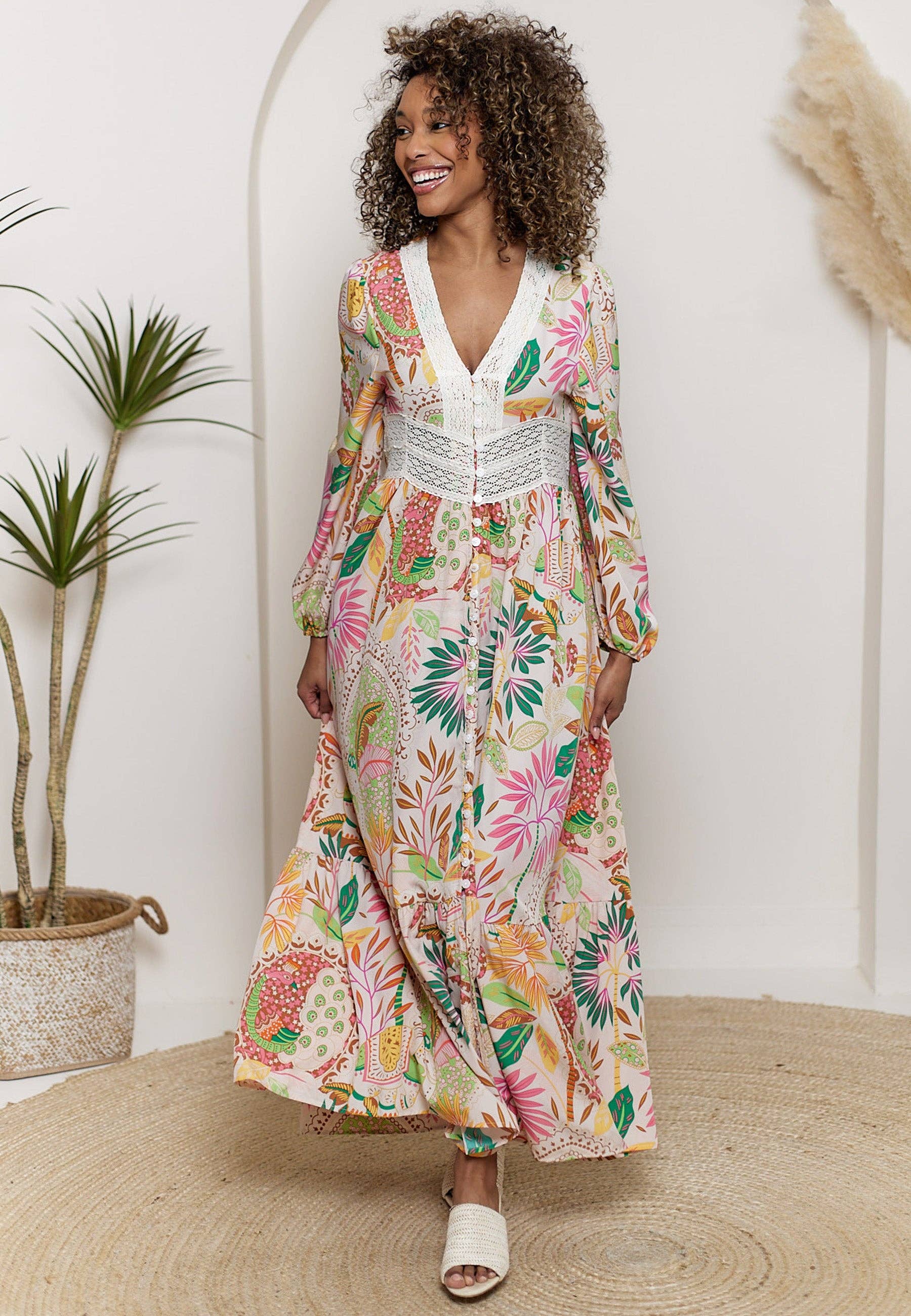 Lana Pink Floral Print Long Sleeve Maxi Dress