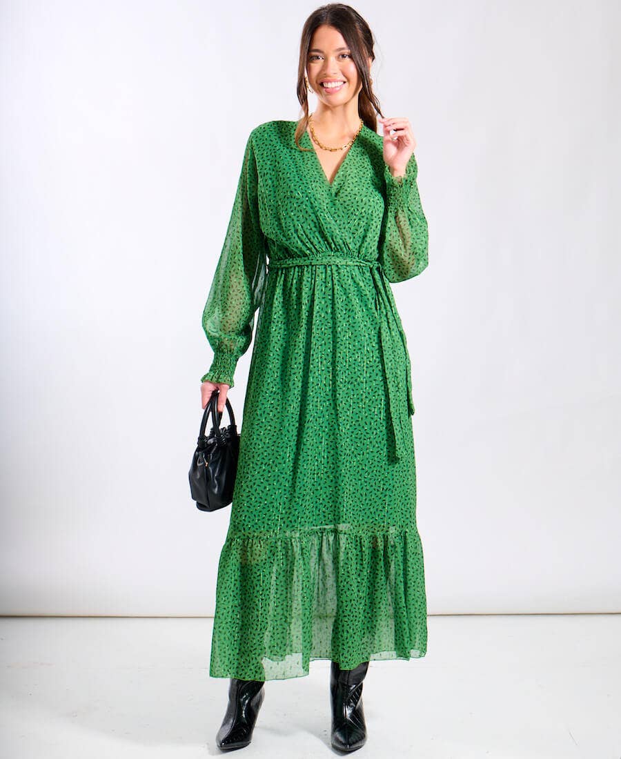 Green Animal Chiffon Maxi Dress