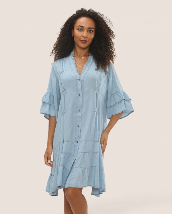 Pintuck Tiered Denim Dress