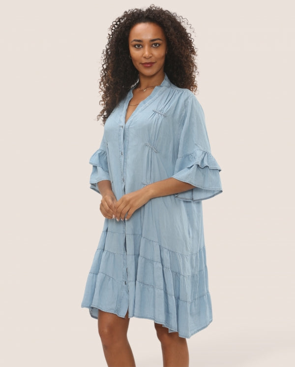 Pintuck Tiered Denim Dress