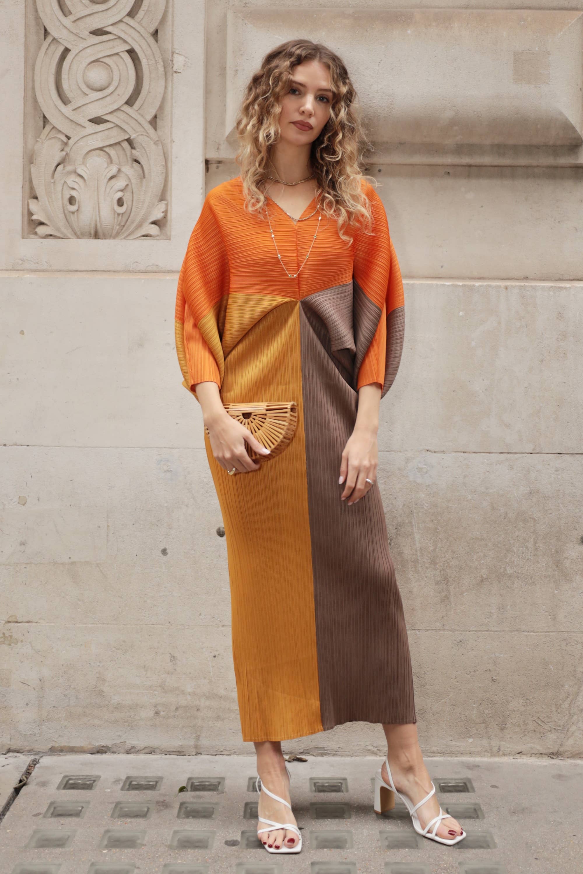 Orange Colour Block Pleated Dress