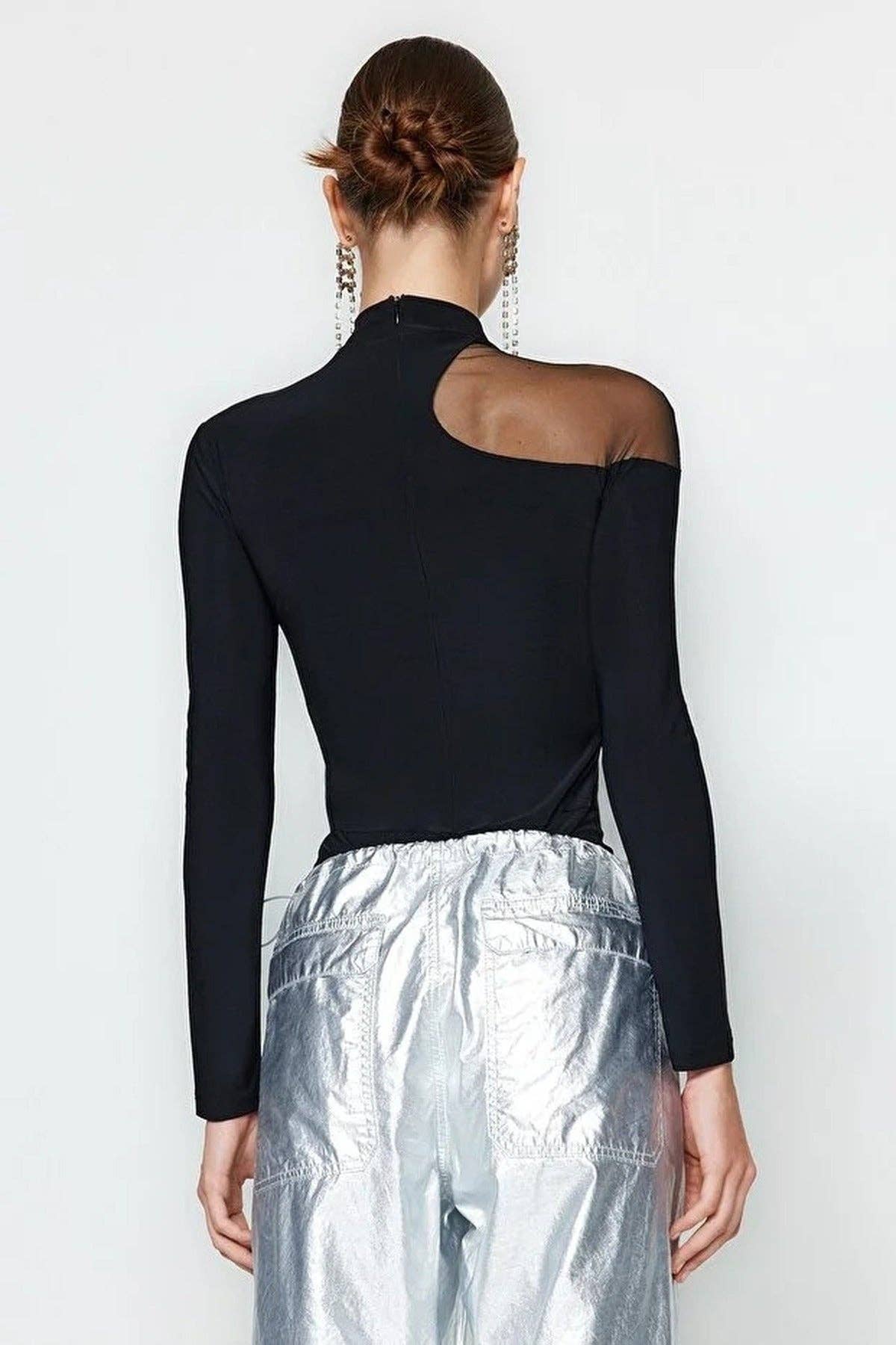 Pool Neck Knit Bodysuit -  Black