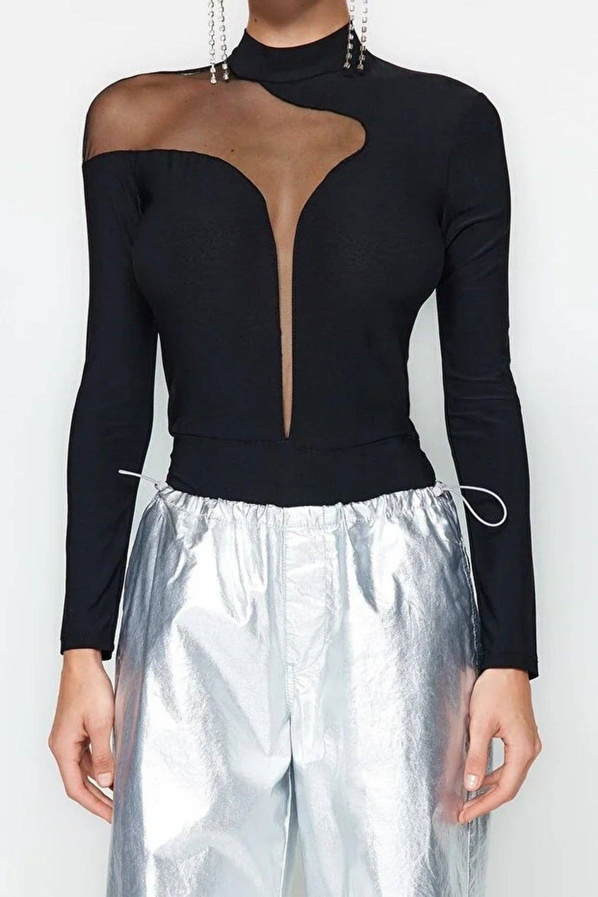 Pool Neck Knit Bodysuit -  Black