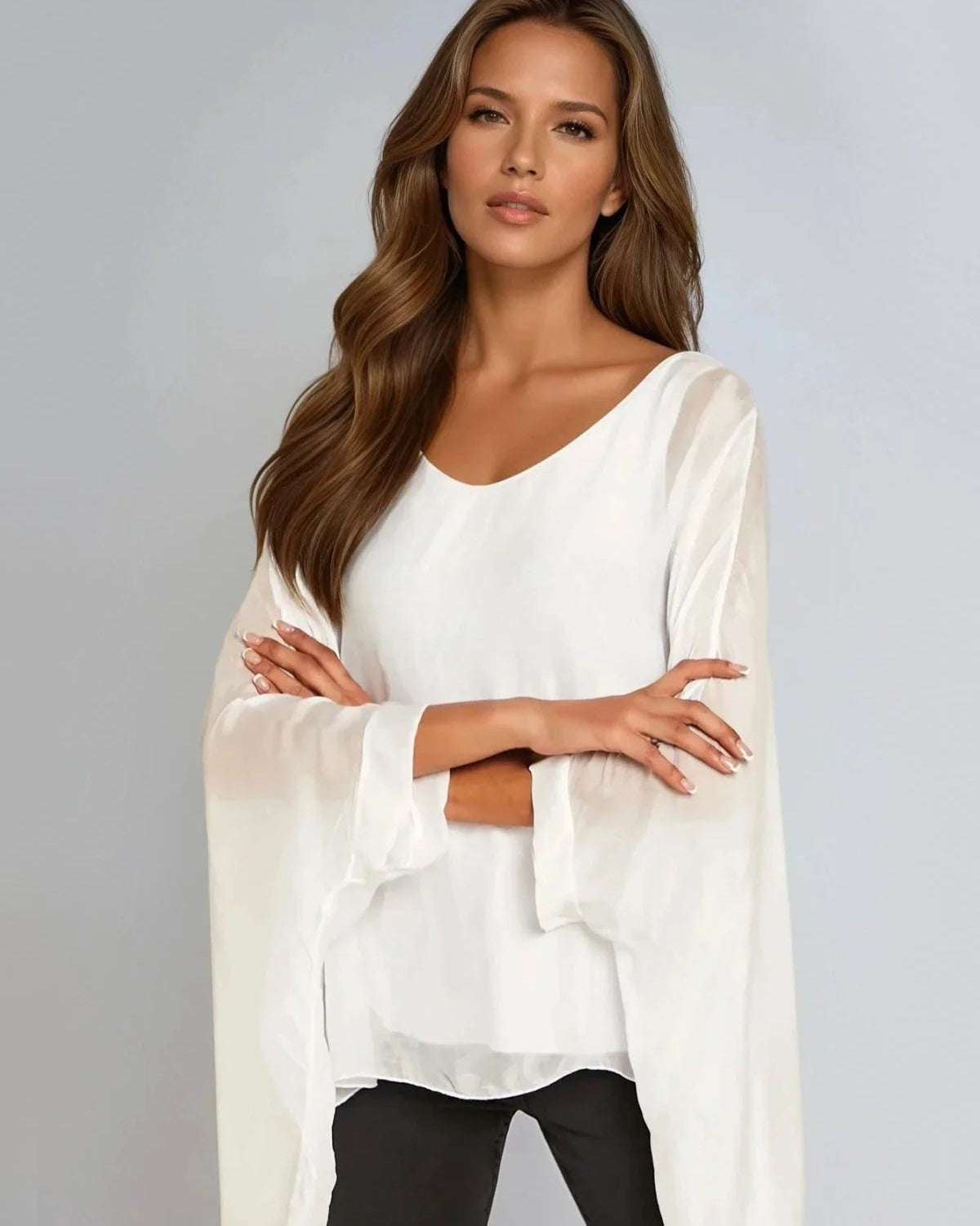 Silk Batwing Sleeve Round Neck Blouse - White