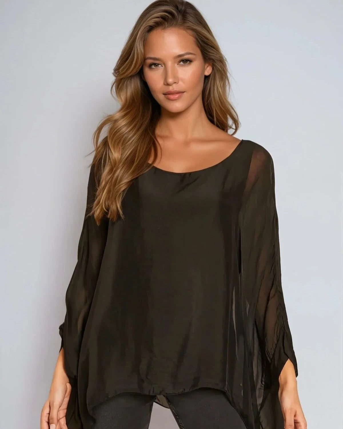 Black Silk Batwing Sleeve Round Neck Blouse