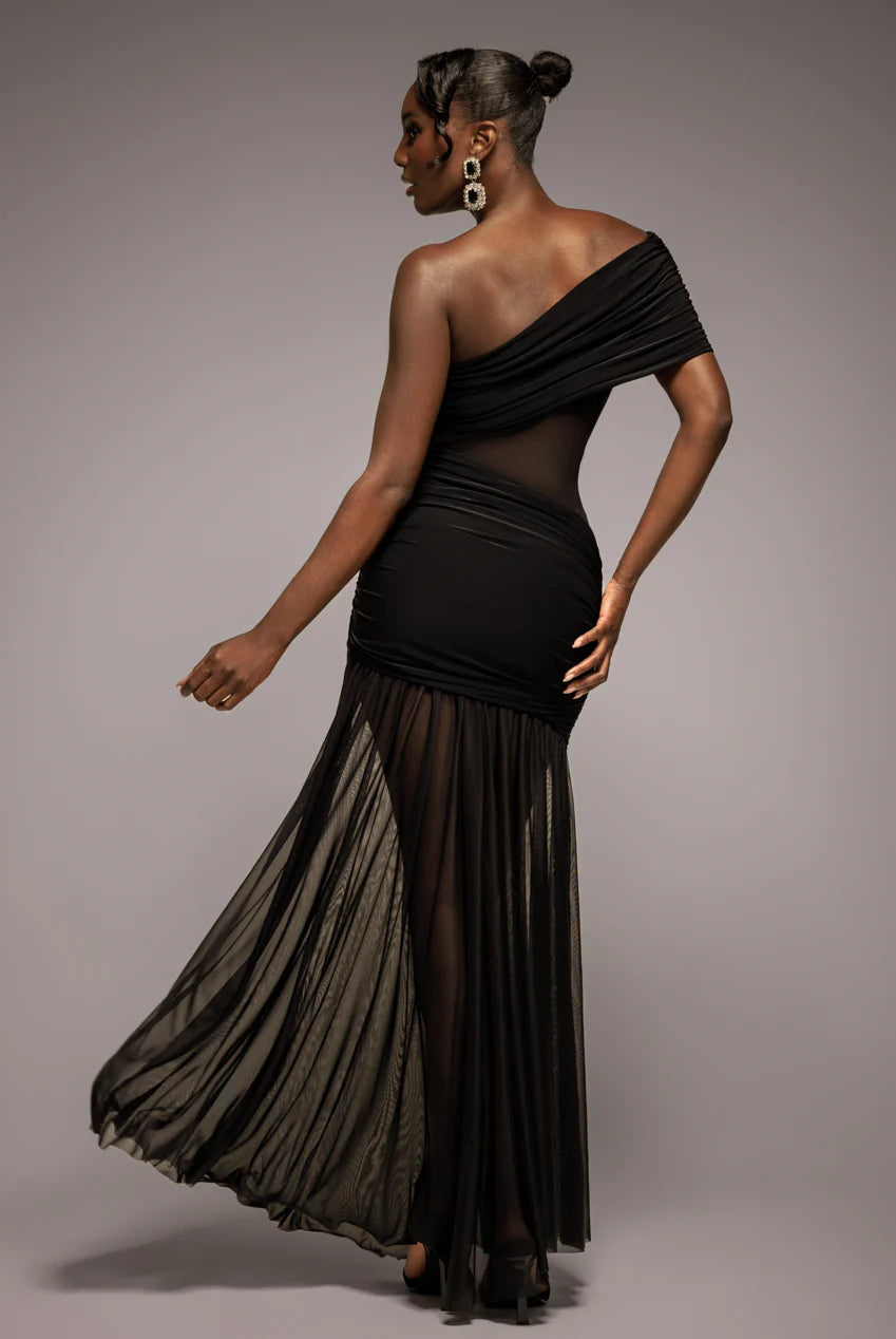 Gathered One Shoulder Sheer Panel Maxi Dress - by Goddiva