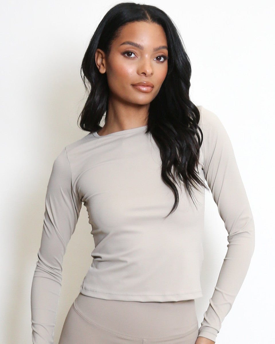Basic Long Sleeved Crew Neck Top - Taupe