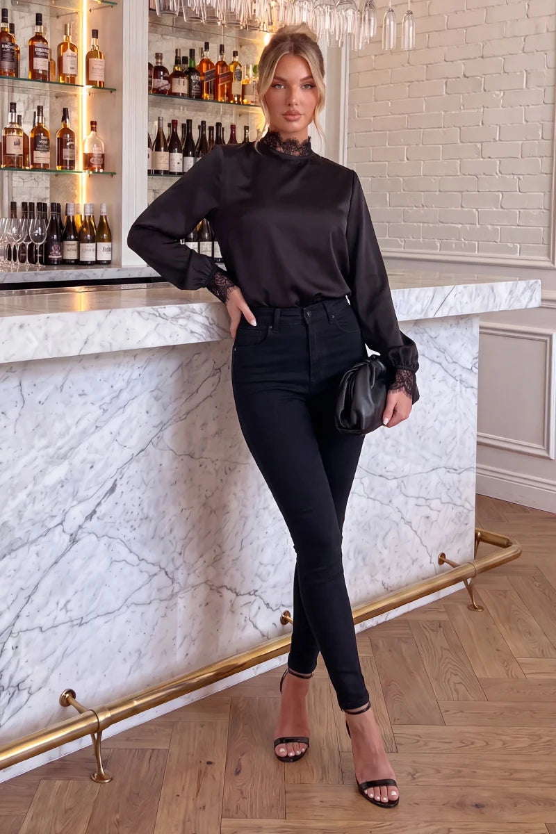 Black High Neck Lace Trim Blouse - AX Paris
