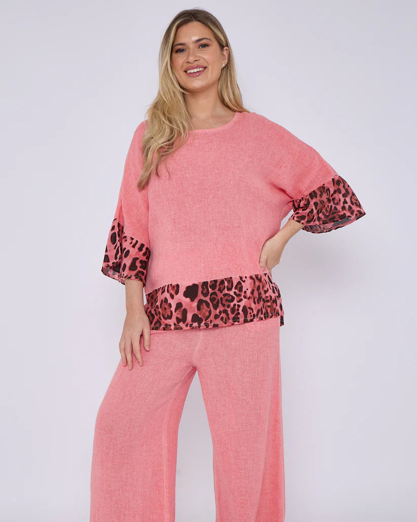 LILIAN WASHED LINEN LEOPARD PRINT TOP