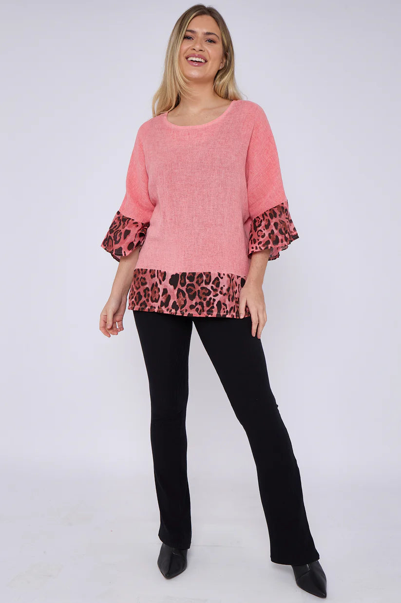 LILIAN WASHED LINEN LEOPARD PRINT TOP