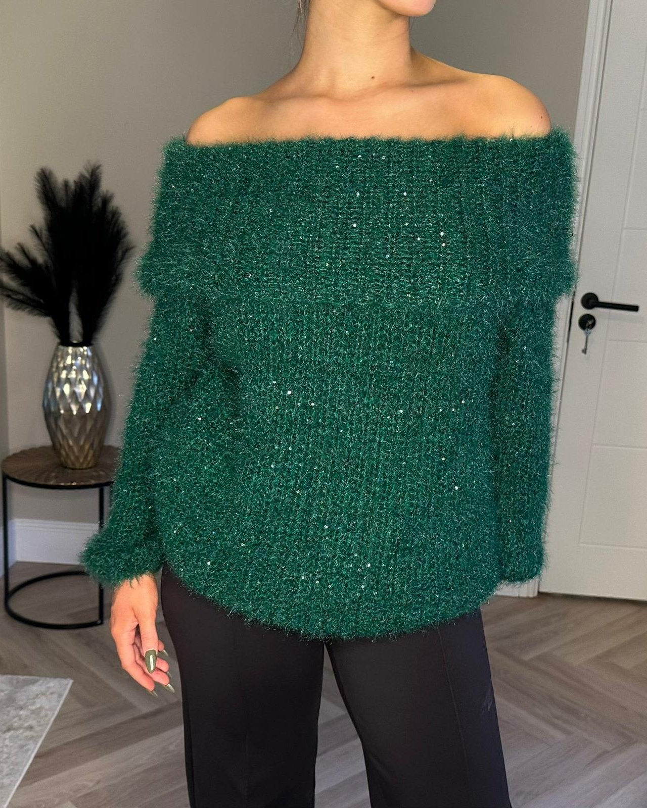 Green Off-The-Shoulder Sparkly Jumper 