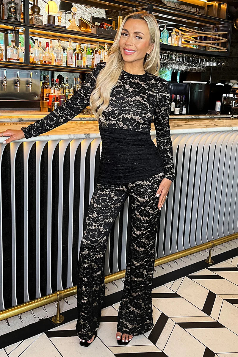 Black Lace Contrast Draped Waist Jumpsuit - by AX Paris