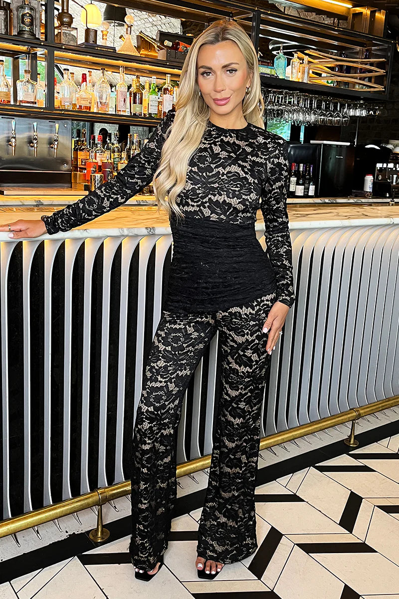 Black Lace Contrast Draped Waist Jumpsuit - by AX Paris