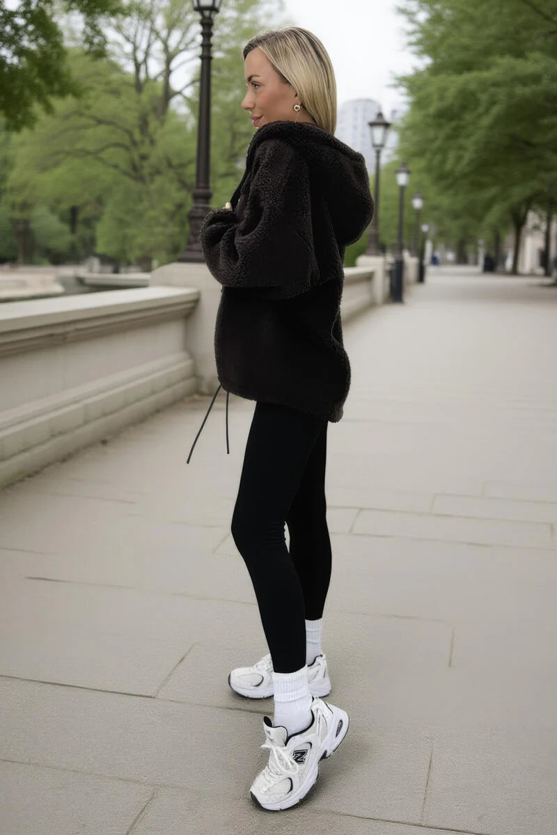 Chocolate Pocket Detail Hooded Teddy Jacket -  by AX Paris