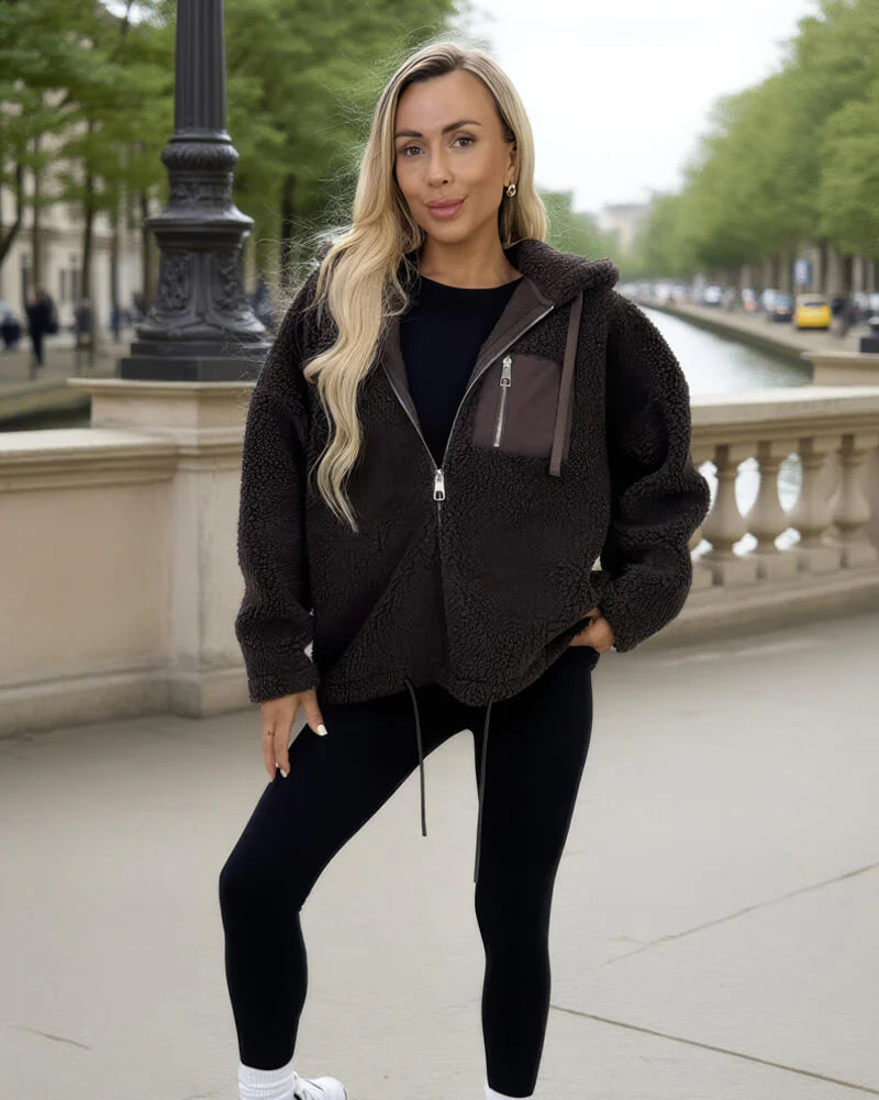 Chocolate Pocket Detail Hooded Teddy Jacket -  by AX Paris