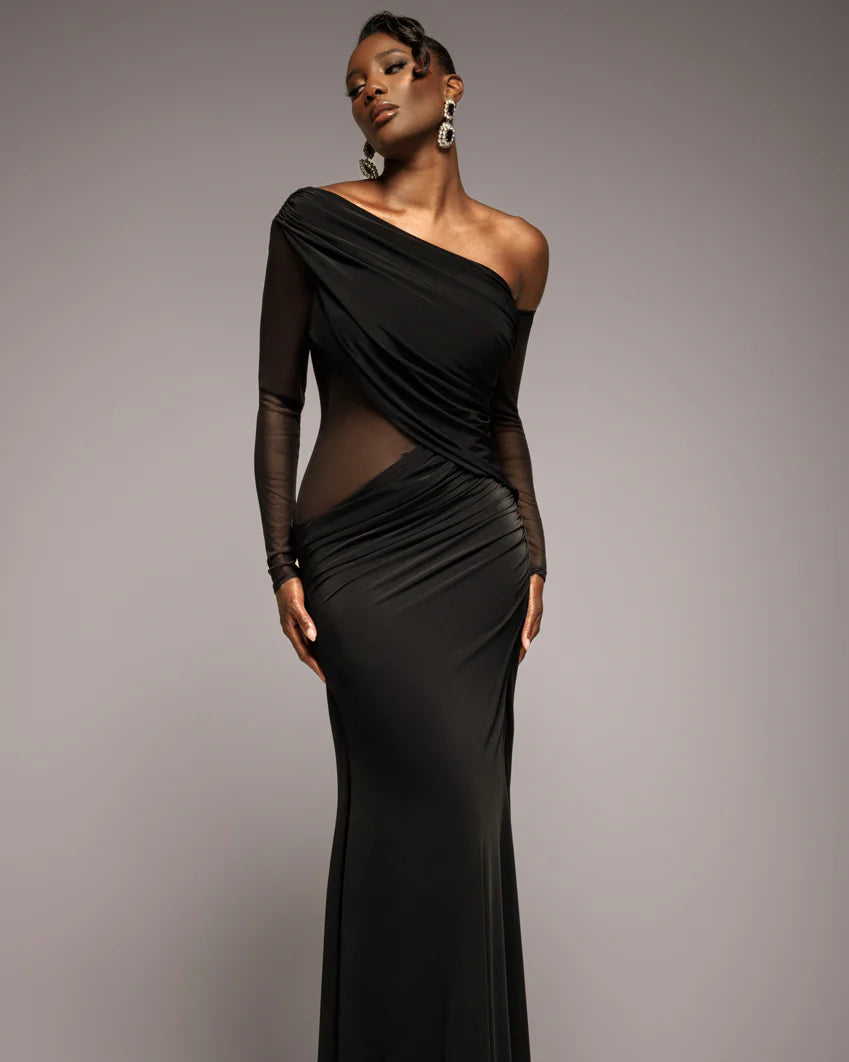 Gathered Cowl Asymmetric Mesh And Soft Touch Maxi Dress - by Goddiva