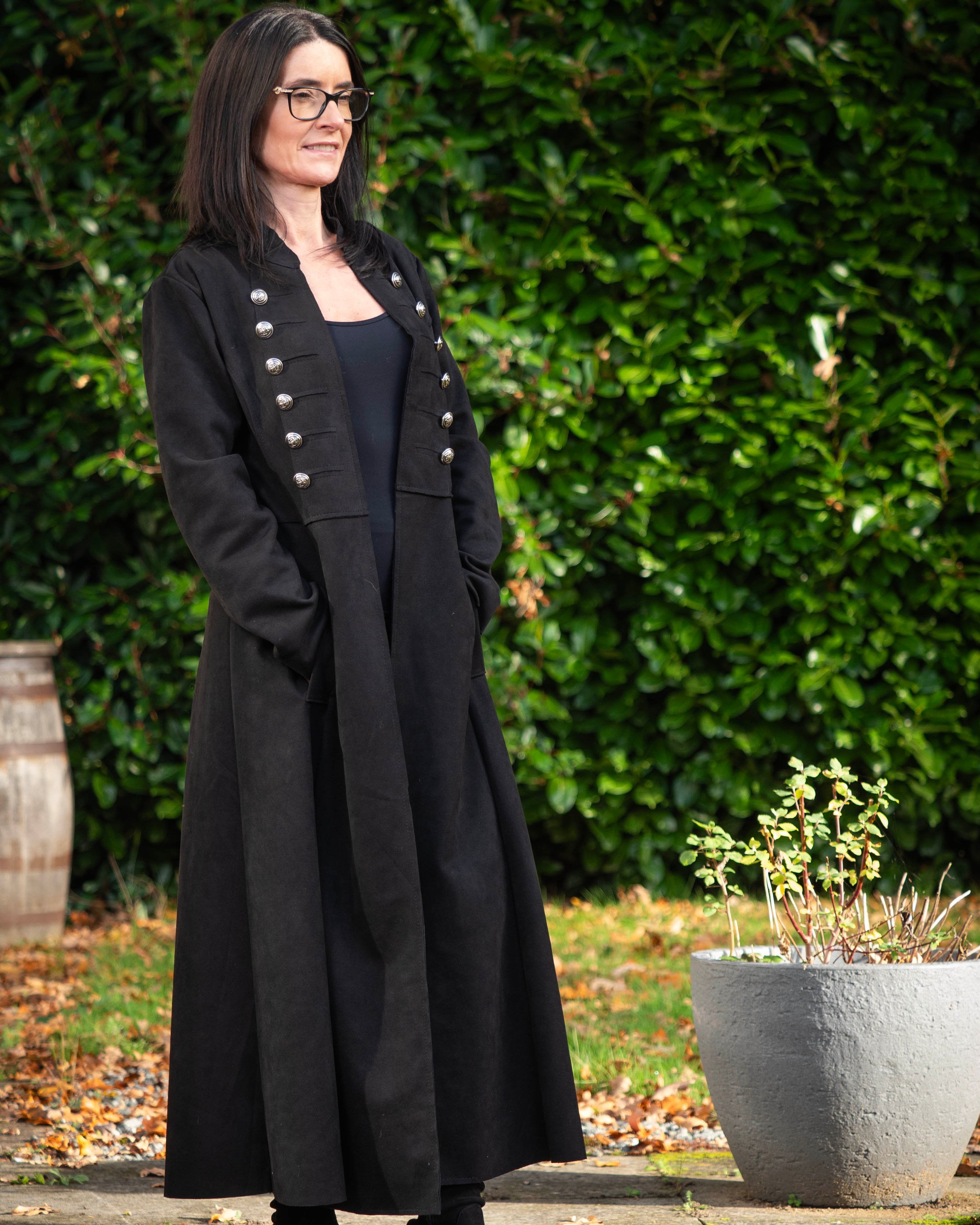 Long Faux Suede Military Style Coat - Black 2