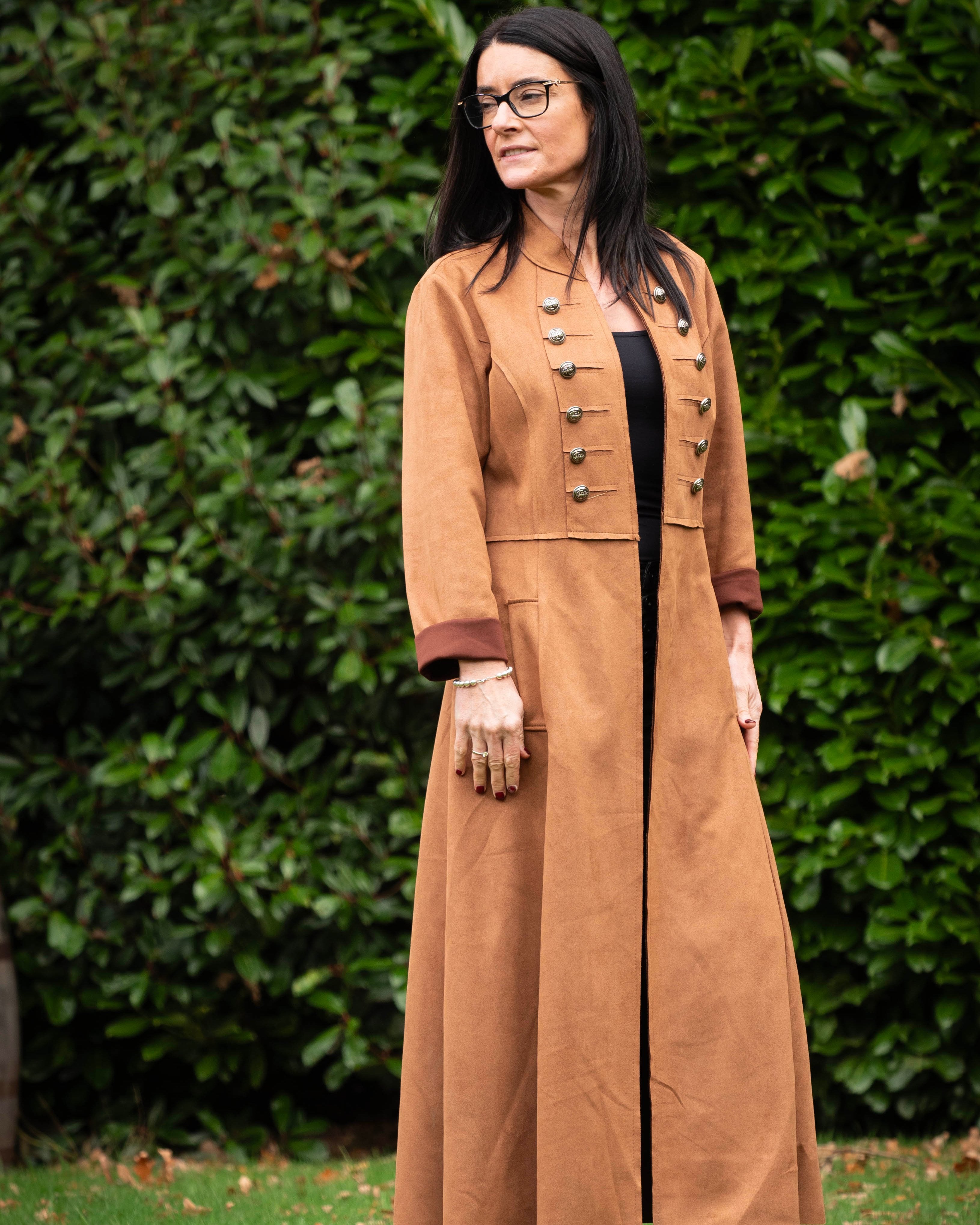 Long Faux Suede Military Style Coat - Camel