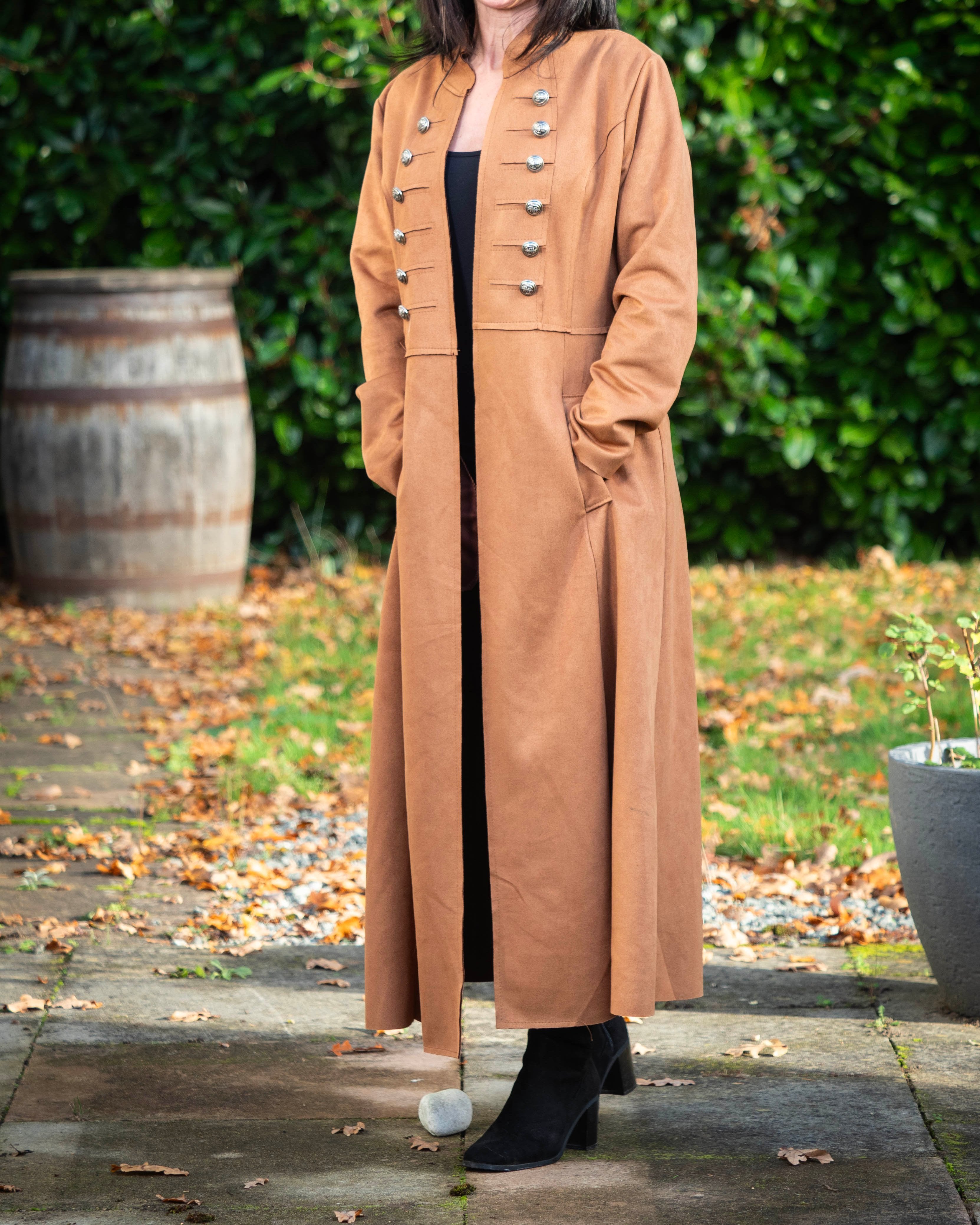 Long Faux Suede Military Style Coat - Camel 1