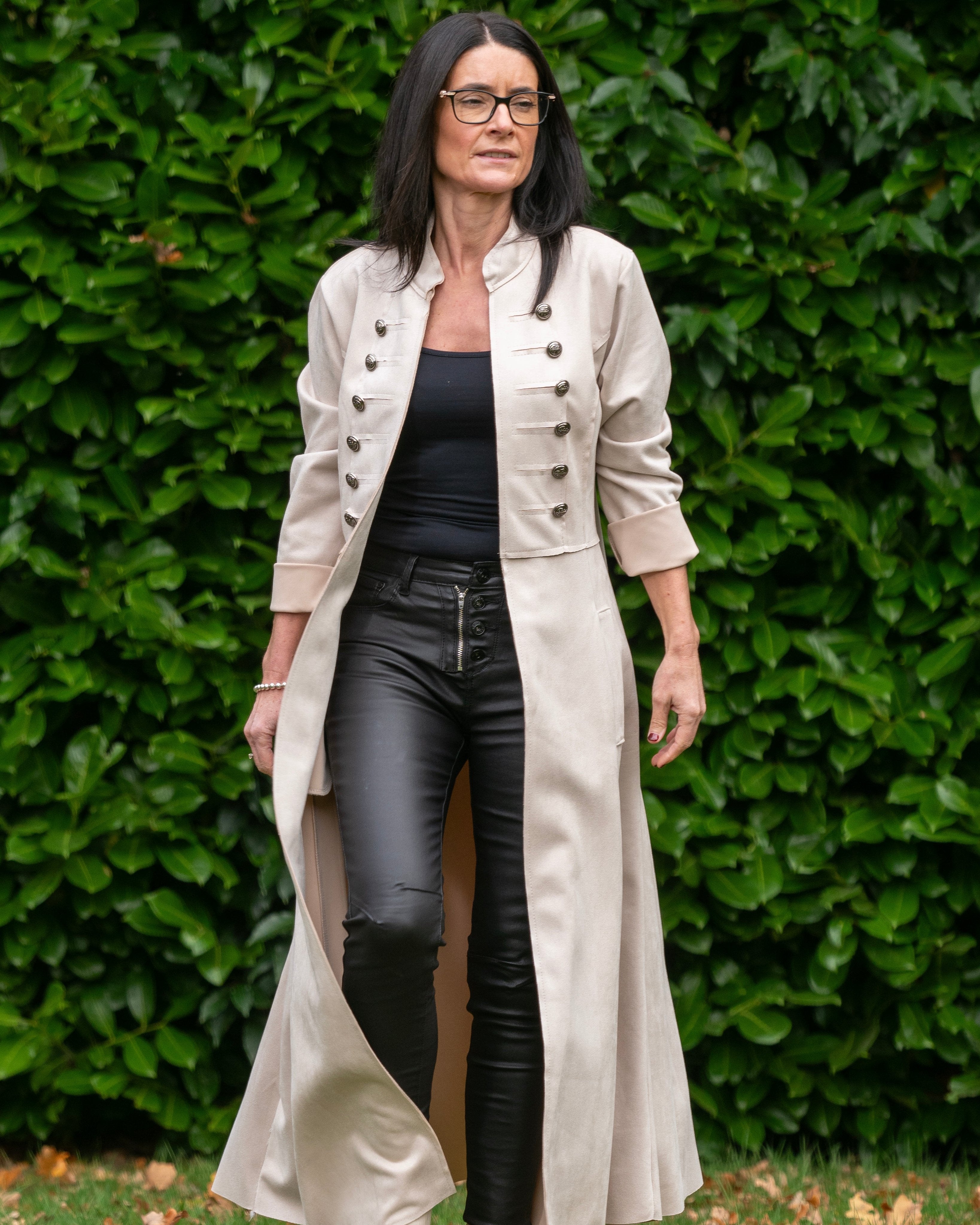 Long Faux Suede Military Style Coat - Cream