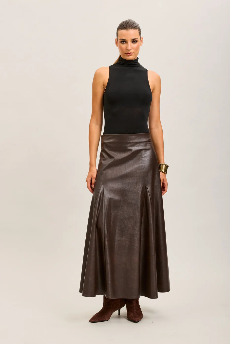 Chocolate Brown Faux Leather Maxi Skirt - Toxik