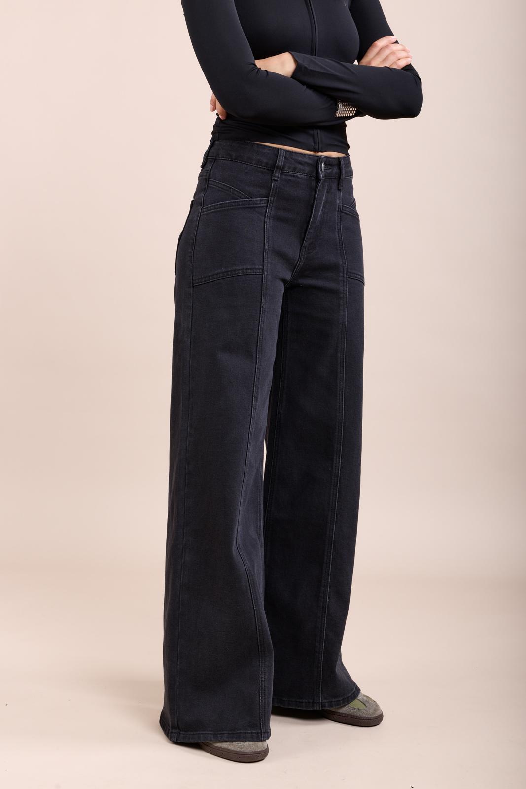 Stretch wide jean pants with cutouts and pockets - by toxik