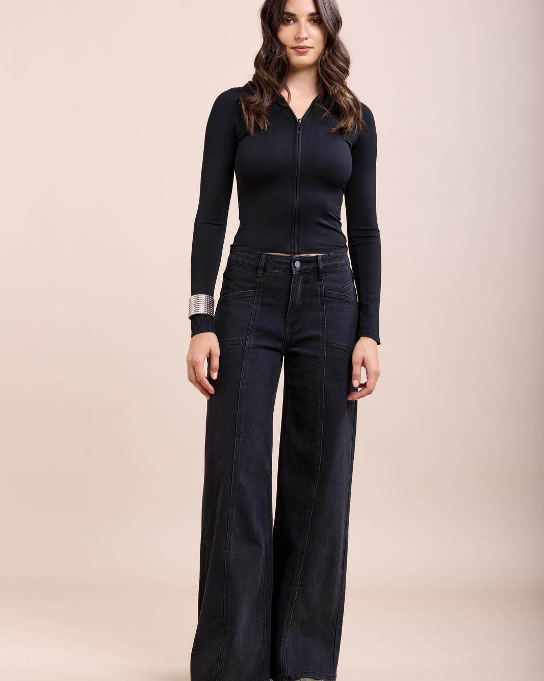 Stretch wide jean pants with cutouts and pockets - by toxik