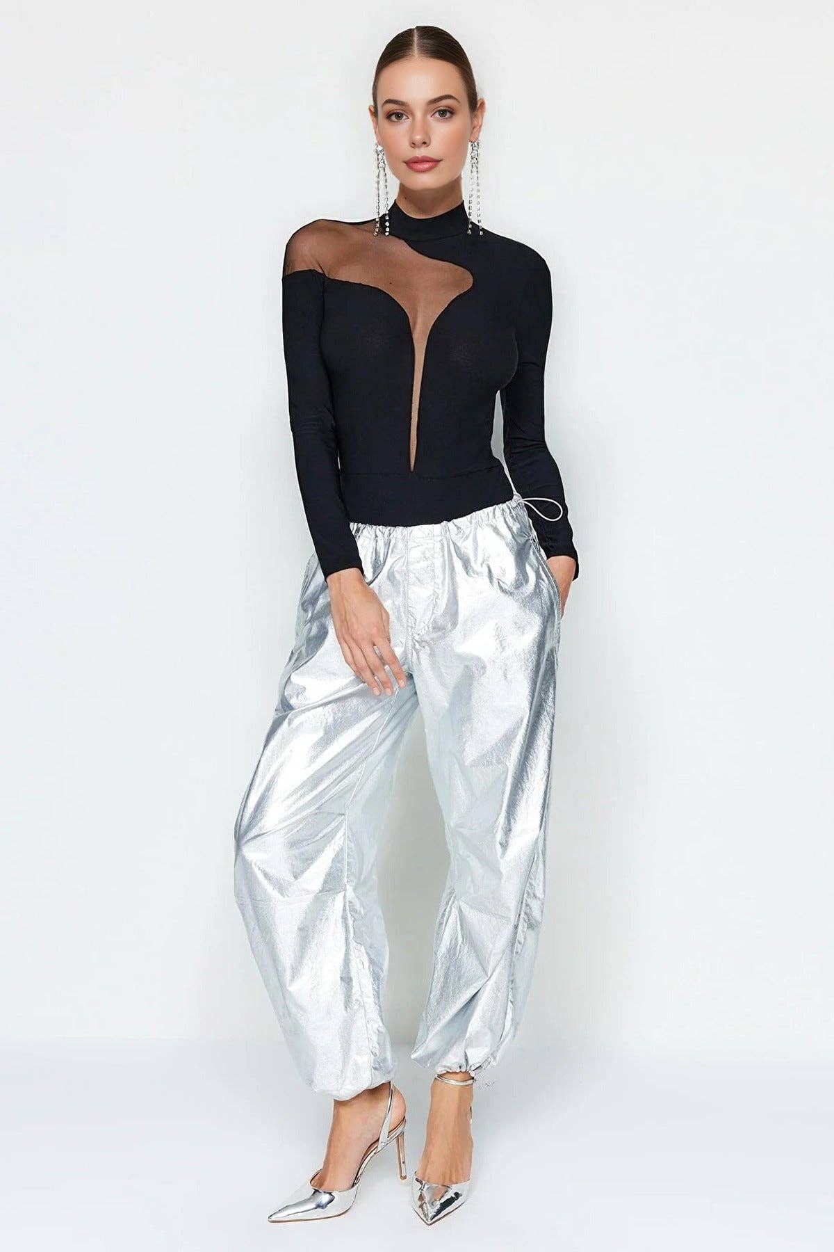 Pool Neck Knit Bodysuit -  Black