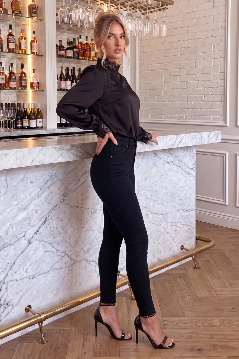 Black High Neck Lace Trim Blouse - AX Paris