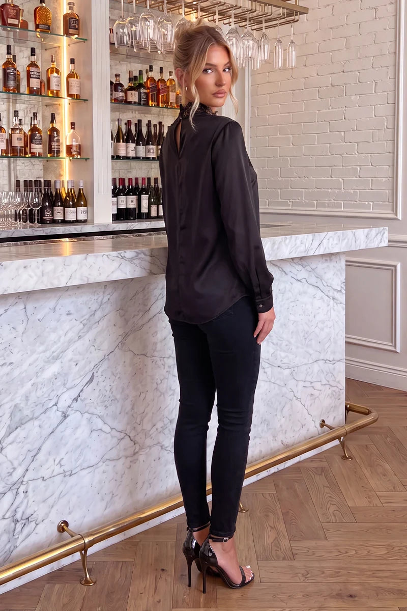 Black High Neck Lace Trim Blouse - AX Paris