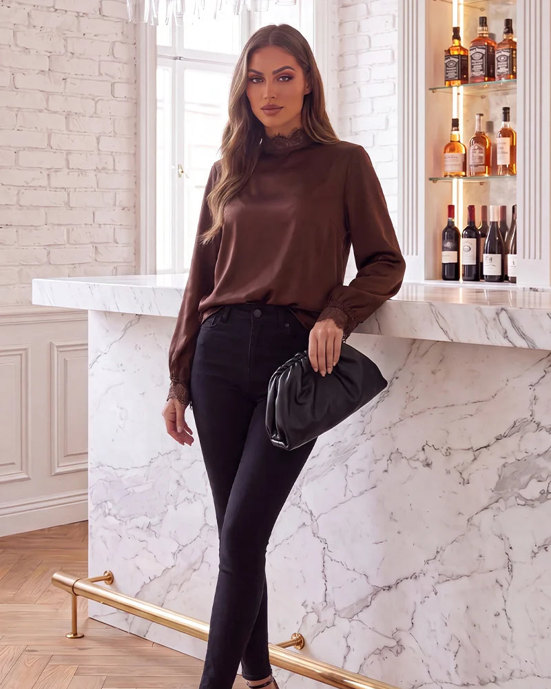 Chocolate High Neck Lace Trim Blouse - AX Paris