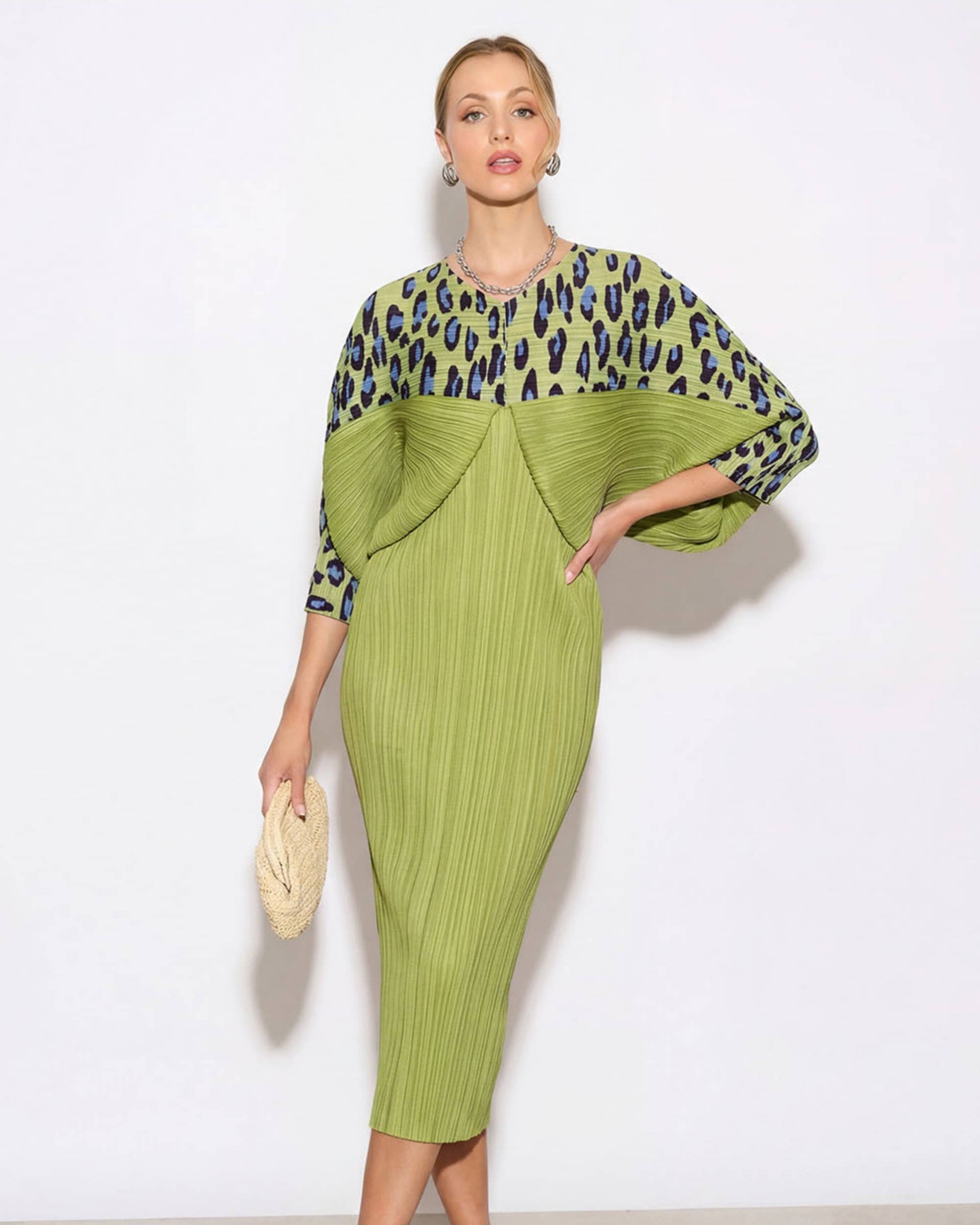Green Leopard Print Pleated Dress
