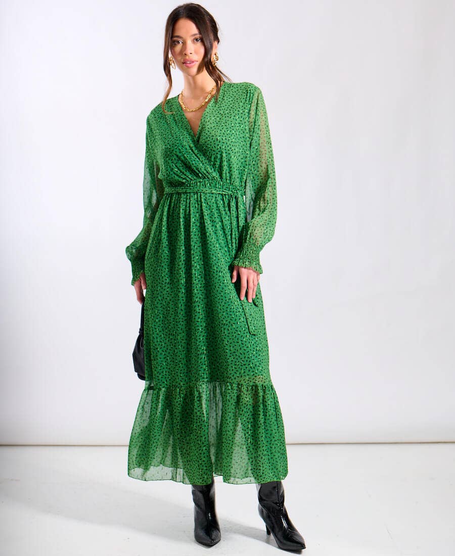 Green Animal Chiffon Maxi Dress